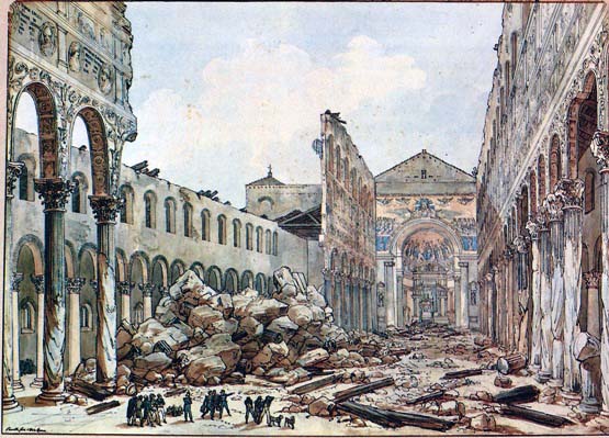 Incendio san Paolo fuori le mura in un acquerello di Bartolomeo Pinelli del 1823